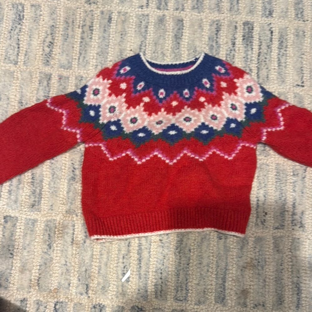 Mini Boden Red and Blue Crew Neck Sweater with Festive Patterns